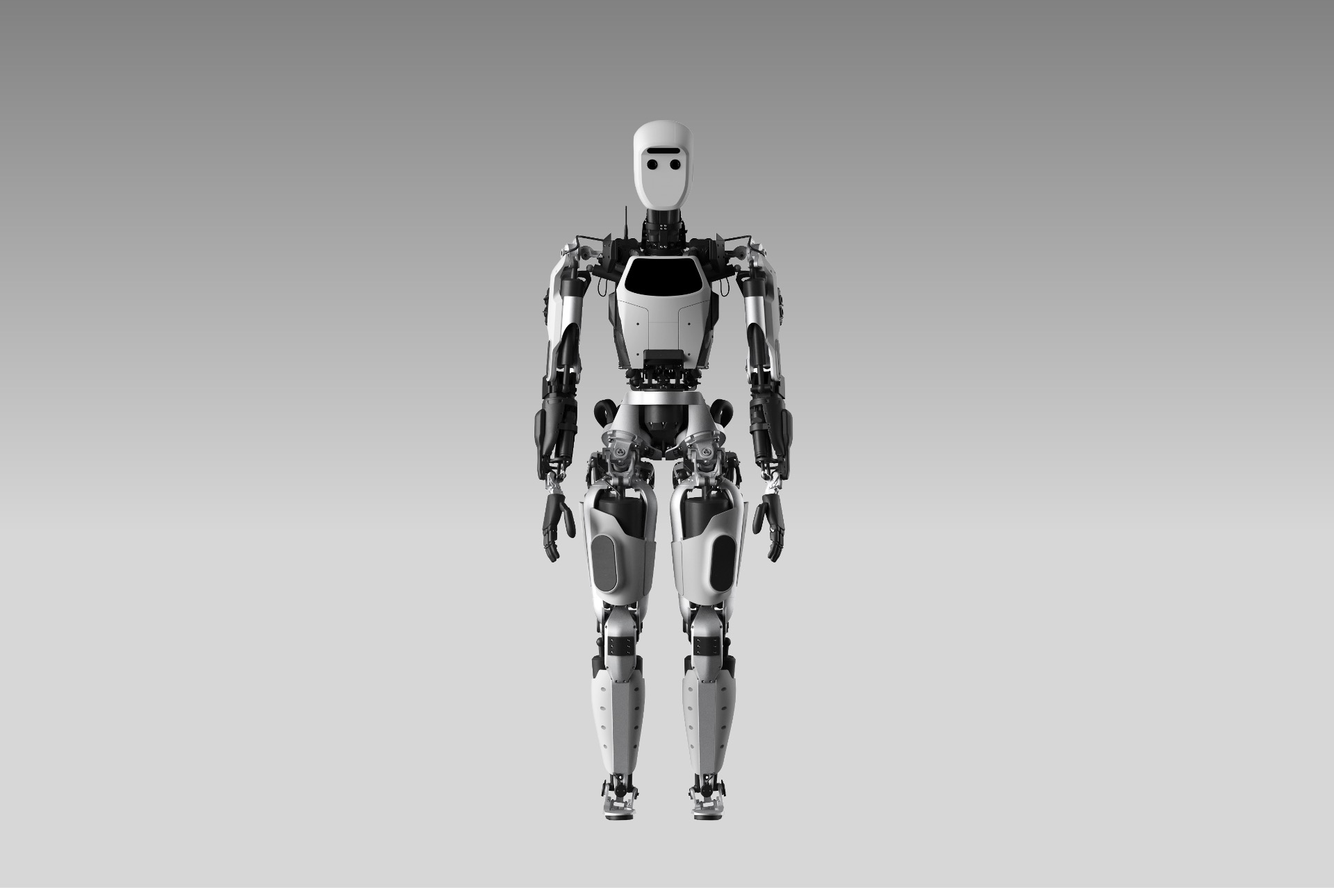 Apptronik Apollo humanoid robot, shown standing against a gray background