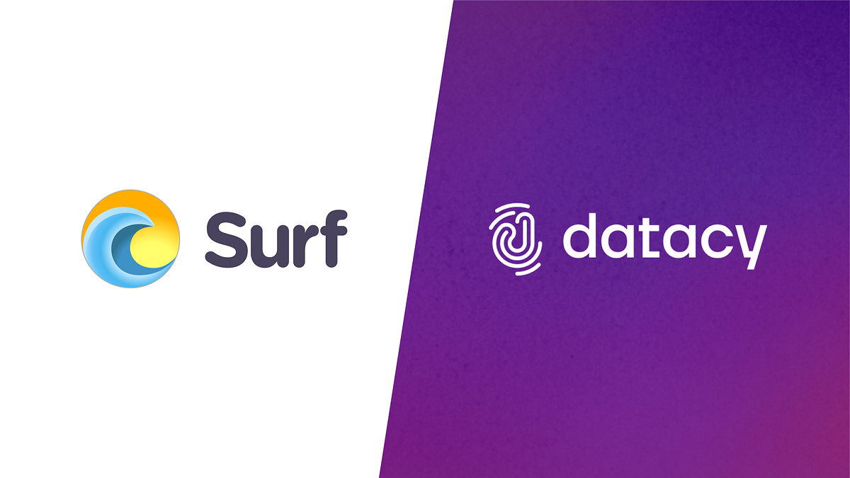 Official Surf and Datacy logos shown side by side in the acquisition announcement graphic